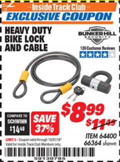 Harbor Freight ITC Coupon HEAVY DUTY BIKE LOCK AND CABLE  Lot No. 66364 Expired: 10/31/19 - $8.99