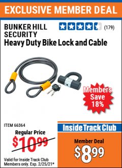 Harbor Freight ITC Coupon HEAVY DUTY BIKE LOCK AND CABLE  Lot No. 66364 Expired: 2/25/21 - $8.99