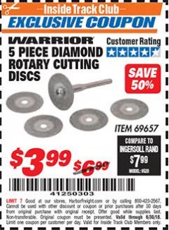 Harbor Freight ITC Coupon 5 PIECE DIAMOND COATED ROTARY CUTTING DISCS Lot No. 69657 Expired: 6/30/18 - $3.99
