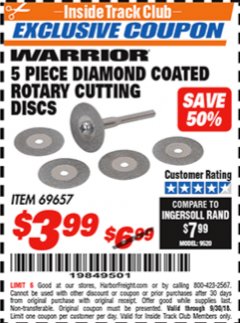 Harbor Freight ITC Coupon 5 PIECE DIAMOND COATED ROTARY CUTTING DISCS Lot No. 69657 Expired: 9/30/18 - $3.99