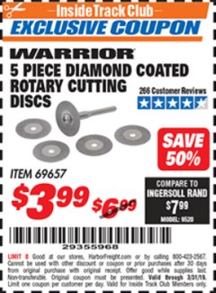 Harbor Freight ITC Coupon 5 PIECE DIAMOND COATED ROTARY CUTTING DISCS Lot No. 69657 Expired: 3/31/19 - $3.99