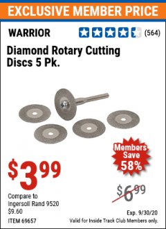 Harbor Freight ITC Coupon 5 PIECE DIAMOND COATED ROTARY CUTTING DISCS Lot No. 69657 Expired: 9/30/20 - $3.99
