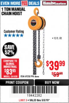 Harbor Freight Coupon 1 TON CHAIN HOIST Lot No. 69338/996 Expired: 5/5/19 - $39.99
