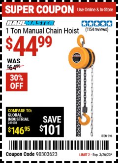 Harbor Freight Coupon 1 TON CHAIN HOIST Lot No. 69338/996 Expired: 3/26/23 - $44.99