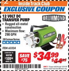 Harbor Freight ITC Coupon 12 VOLT DC TRANSFER PUMP Lot No. 63324 Expired: 12/31/19 - $34.99