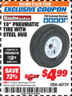 Harbor Freight ITC Coupon 10" PNEUMATIC TIRE WITH STEEL HUB Lot No. 40729 Expired: 1/31/20 - $4.99