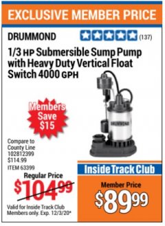 Harbor Freight Coupon 1/3 HP SUBMERSIBLE SUMP PUMP WITH HEAVY DUTY VERTICAL FLOAT SWITCH  Lot No. 63399 Expired: 12/3/20 - $89.99