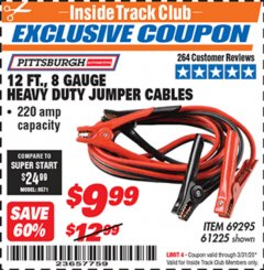 Harbor Freight ITC Coupon 12 FT., 8 GAUGE HEAVY DUTY BOOSTER CABLES Lot No. 69295/61225 Expired: 3/31/20 - $9.99