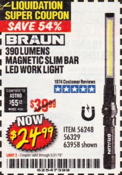 Harbor Freight Coupon BRAUN 390 LUMEN SLIM BAR FOLDING LED WORKLIGHT Lot No. 63958/56248/56329 Expired: 5/31/19 - $24.99
