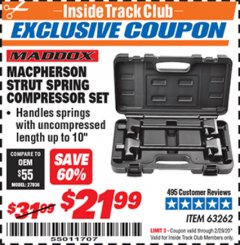 Harbor Freight ITC Coupon MADDOX MACPHERSON STRUT SPRING COMPRESSOR SET Lot No. 63262 Expired: 2/29/20 - $21.99