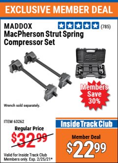 Harbor Freight ITC Coupon MACPHERSON STRUT SPRING COMPRESSOR SET Lot No. 63262 Expired: 2/25/21 - $22.99