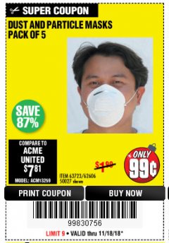 Harbor Freight Coupon DUST AND PARTICLE MASK 5 PACK Lot No. 62606/63723/50027 Expired: 11/18/18 - $0.99