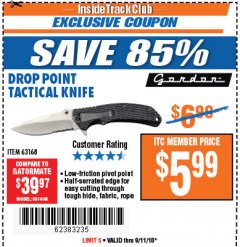Harbor Freight ITC Coupon DROP POINT TACTICAL KNIFE Lot No. 63168 Expired: 9/11/18 - $5.99