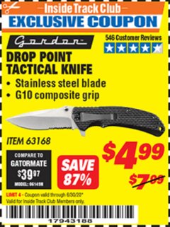 Harbor Freight ITC Coupon DROP POINT TACTICAL KNIFE Lot No. 63168 Expired: 6/30/20 - $4.99