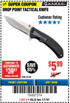 Harbor Freight Coupon DROP POINT TACTICAL KNIFE Lot No. 63168 Expired: 7/1/18 - $5.99