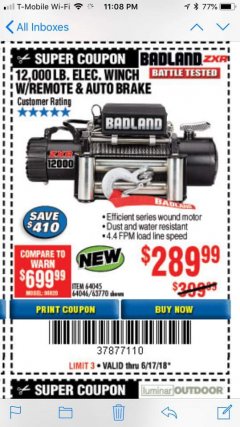 Harbor Freight Coupon BADLAND ZXR12000 12000 LB. OFF-ROAD VEHICLE ELECTRIC WINCH WITH AUTOMATIC LOAD-HOLDING BRAKE Lot No. 64045/64046/63770 Expired: 6/17/18 - $289.99