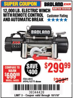 Harbor Freight Coupon BADLAND ZXR12000 12000 LB. OFF-ROAD VEHICLE ELECTRIC WINCH WITH AUTOMATIC LOAD-HOLDING BRAKE Lot No. 64045/64046/63770 Expired: 10/1/18 - $0