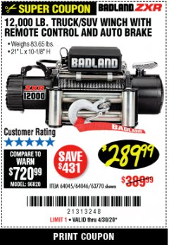 Harbor Freight Coupon BADLAND ZXR12000 12000 LB. OFF-ROAD VEHICLE ELECTRIC WINCH WITH AUTOMATIC LOAD-HOLDING BRAKE Lot No. 64045/64046/63770 Expired: 6/30/20 - $289.99