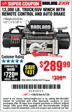 Harbor Freight Coupon BADLAND ZXR12000 12000 LB. OFF-ROAD VEHICLE ELECTRIC WINCH WITH AUTOMATIC LOAD-HOLDING BRAKE Lot No. 64045/64046/63770 Expired: 6/30/20 - $289.99