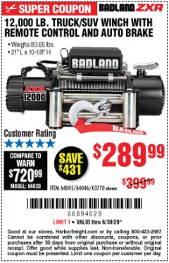 Harbor Freight Coupon BADLAND ZXR12000 12000 LB. OFF-ROAD VEHICLE ELECTRIC WINCH WITH AUTOMATIC LOAD-HOLDING BRAKE Lot No. 64045/64046/63770 Expired: 6/30/20 - $289.99
