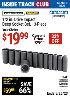 Harbor Freight ITC Coupon 13 PIECES, 1/2" DRIVE, 12 POINT DEEP IMPACT SOCKET SETS Lot No. 61902/61903 Expired: 5/25/23 - $19.99