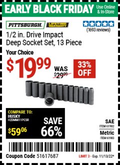 Harbor Freight Coupon 13 PIECES, 1/2" DRIVE, 12 POINT DEEP IMPACT SOCKET SETS Lot No. 61902/61903 Expired: 11/13/22 - $19.99