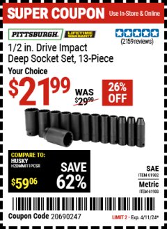 Harbor Freight Coupon 13 PIECES, 1/2" DRIVE, 12 POINT DEEP IMPACT SOCKET SETS Lot No. 61902/61903 Expired: 4/11/24 - $21.99