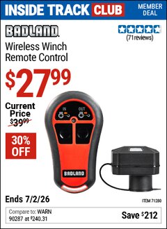 Harbor Freight Coupon BADLAND WIRELESS WINCH REMOTE CONTROL Lot No. 69229 Valid: 12/31/69 - 7/2/26 - $27.99
