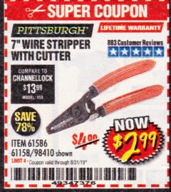 Harbor Freight Coupon 7 IN. WIRE STRIPPER WITH CUTTER Lot No. 61586 Expired: 8/31/19 - $2.99