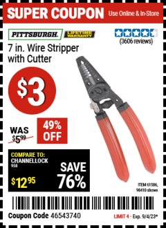 Harbor Freight Coupon 7 IN. WIRE STRIPPER WITH CUTTER Lot No. 61586 Expired: 9/4/23 - $3