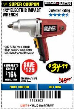 Harbor Freight Coupon 1/2" ELECTRIC IMPACT WRENCH Lot No. 31877/61173/68099/69606 Expired: 8/31/18 - $34.99