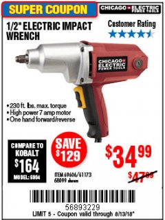 Harbor Freight Coupon 1/2" ELECTRIC IMPACT WRENCH Lot No. 31877/61173/68099/69606 Expired: 8/13/18 - $34.99