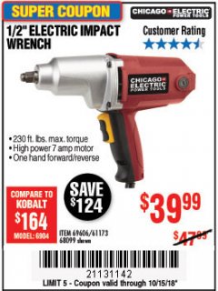 Harbor Freight Coupon 1/2" ELECTRIC IMPACT WRENCH Lot No. 31877/61173/68099/69606 Expired: 10/15/18 - $39.99