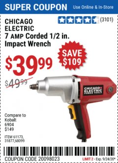 Harbor Freight Coupon 1/2" ELECTRIC IMPACT WRENCH Lot No. 31877/61173/68099/69606 Expired: 9/24/20 - $39.99