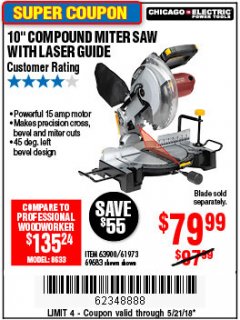 Harbor Freight Coupon 10" COMPOUND MITER SAW WITH LASER GUIDE Lot No. 61973/63900/69683 Expired: 5/21/18 - $79.99