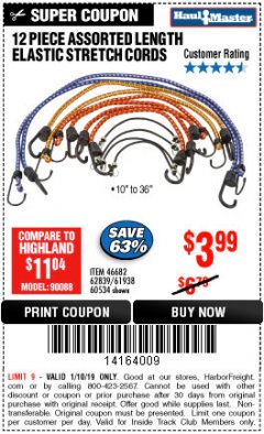 Harbor Freight ITC Coupon 12 PIECE ASSORTED LENGTH ELASTIC STRETCH CORDS Lot No. 46682/61938/62839/56890/60534 Expired: 1/10/19 - $3.99
