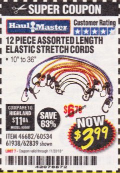 Harbor Freight Coupon 12 PIECE ASSORTED LENGTH ELASTIC STRETCH CORDS Lot No. 46682/61938/62839/56890/60534 Expired: 11/30/18 - $3.99