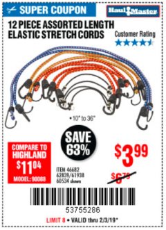 Harbor Freight Coupon 12 PIECE ASSORTED LENGTH ELASTIC STRETCH CORDS Lot No. 46682/61938/62839/56890/60534 Expired: 2/3/19 - $3.99