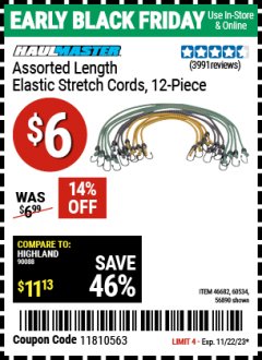 Harbor Freight Coupon 12 PIECE ASSORTED LENGTH ELASTIC STRETCH CORDS Lot No. 46682/61938/62839/56890/60534 Expired: 11/22/23 - $0.06