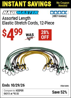 Harbor Freight Coupon HAUL-MASTER ASSORTED LENGTH ELASTIC STRETCH CORDS, 12-PIECE Lot No. 56890/60534 Valid Thru: 10/29/26 - $4.99