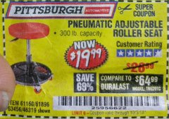 Harbor Freight Coupon PNEUMATIC ADJUSTABLE ROLLER SEAT Lot No. 61160/63456/46319 Expired: 10/3/18 - $19.99