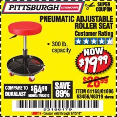 Harbor Freight Coupon PNEUMATIC ADJUSTABLE ROLLER SEAT Lot No. 61160/63456/46319 Expired: 9/10/18 - $19.99