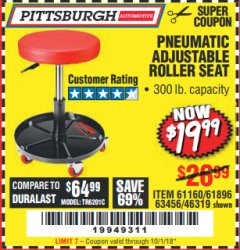 Harbor Freight Coupon PNEUMATIC ADJUSTABLE ROLLER SEAT Lot No. 61160/63456/46319 Expired: 10/1/18 - $19.99