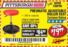 Harbor Freight Coupon PNEUMATIC ADJUSTABLE ROLLER SEAT Lot No. 61160/63456/46319 Expired: 1/16/19 - $19.99