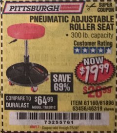Harbor Freight Coupon PNEUMATIC ADJUSTABLE ROLLER SEAT Lot No. 61160/63456/46319 Expired: 2/5/19 - $19.99