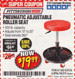 Harbor Freight Coupon PNEUMATIC ADJUSTABLE ROLLER SEAT Lot No. 61160/63456/46319 Expired: 2/28/19 - $19.99
