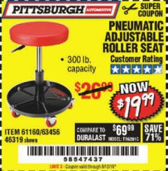 Harbor Freight Coupon PNEUMATIC ADJUSTABLE ROLLER SEAT Lot No. 61160/63456/46319 Expired: 8/12/19 - $19.99