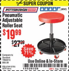 Harbor Freight Coupon PNEUMATIC ADJUSTABLE ROLLER SEAT Lot No. 61160/63456/46319 Expired: 10/13/20 - $19.99
