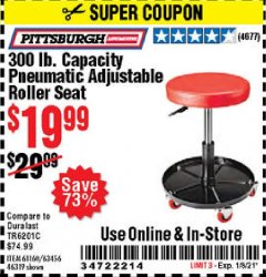 Harbor Freight Coupon PNEUMATIC ADJUSTABLE ROLLER SEAT Lot No. 61160/63456/46319 Expired: 1/8/21 - $19.99