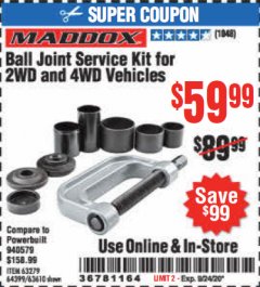 Harbor Freight Coupon BALL JOINT SERVICE KIT FOR 2WD AND 4WD VEHICLES Lot No. 64399/63279/63258/63610 Expired: 9/24/20 - $59.99